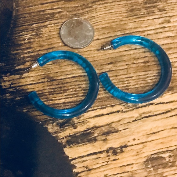 Vintage 60s translucent Lucite Blue Hoop Earrings - Picture 2 of 2